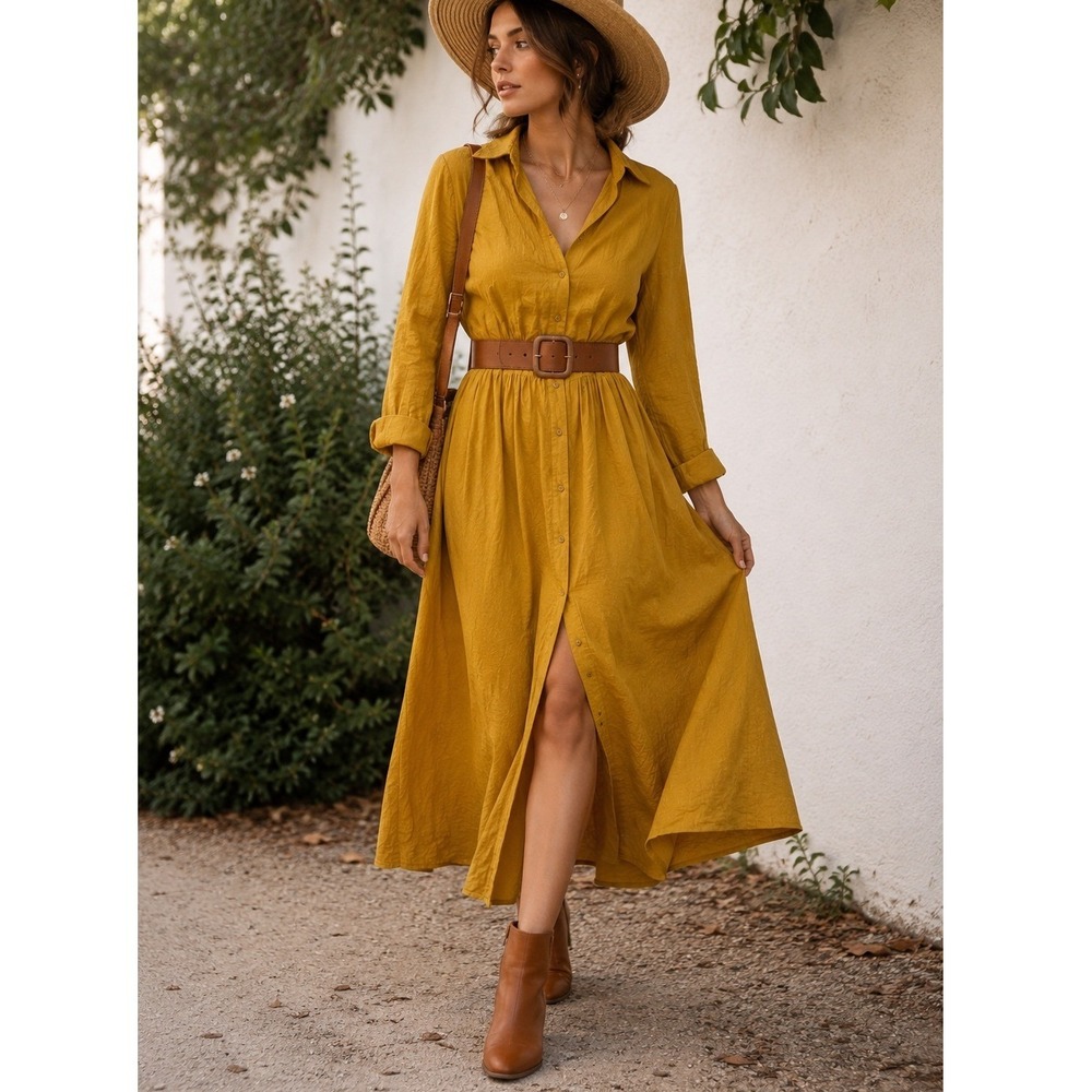 VOY Mustard Yellow Sheer Button Front Midi Shirt Dress Long Sleeve Cottagecore